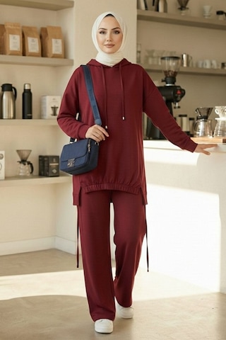 Bestenur Kapüşonlu Tunik Pantolon Takım 1682 - Bordo Bordo