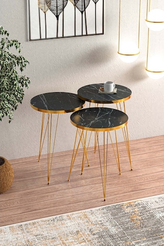 Bendir Gold Metal Ayaklı Gold Detaylı Zigon Sehpa