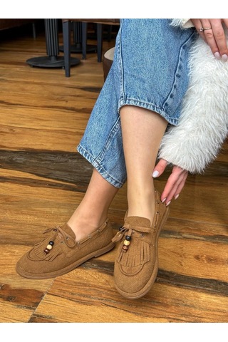 Erva'nın Butiği Taba Süet Shake Saraçlı Boncuk Detay Kadın Loafer-6013