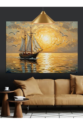 Gün Batımında Yelken Açan Tekne Dekoratif Kanvas - Mdf Ahşap Tablo