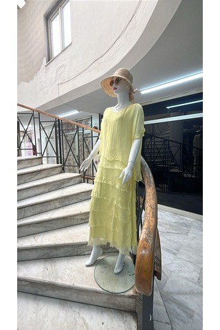 İtalyan 2 Beden Ince Gösteren Yarım Kol Kat Kat Ipek Elbise-8794 Sarı