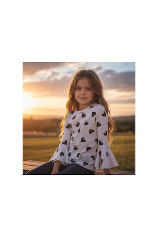 Fesshera Kids Kız Çocuk Sweatshirt Uzun Kollu Fitilli Kalp Desenli İspanyol Kol Kesimli Pamuklu Kışlık Sweatshirt Bej