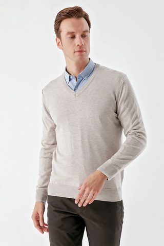 Morven Erkek Bej Basic V Yaka Dynamic Fit Rahat Kesim Triko 25kc017004653 Bej
