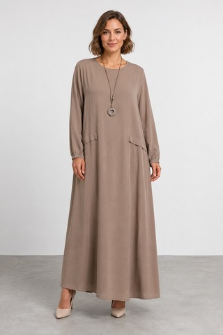 Bihan Store Kapaklı Cep Detaylı Bisiklet Yaka Dökümlü Maxi Elbise Y26-26197-bej