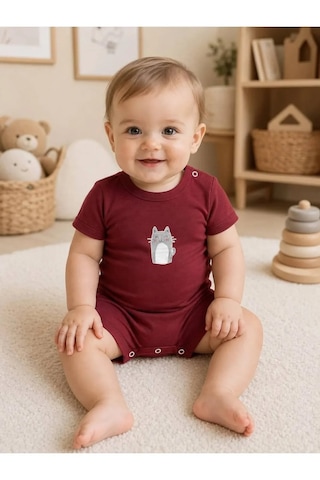 Ferasty İstanbul Unisex Bebek Tulum Kedi Desenli Kırmızı