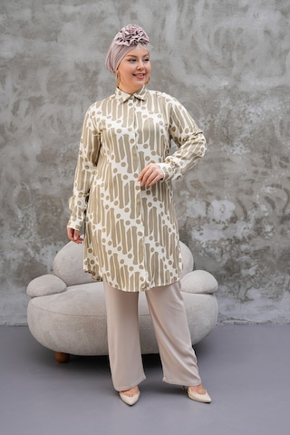 Polologin Butik Yeşil Desenli Uzun Tunik Haki Krem