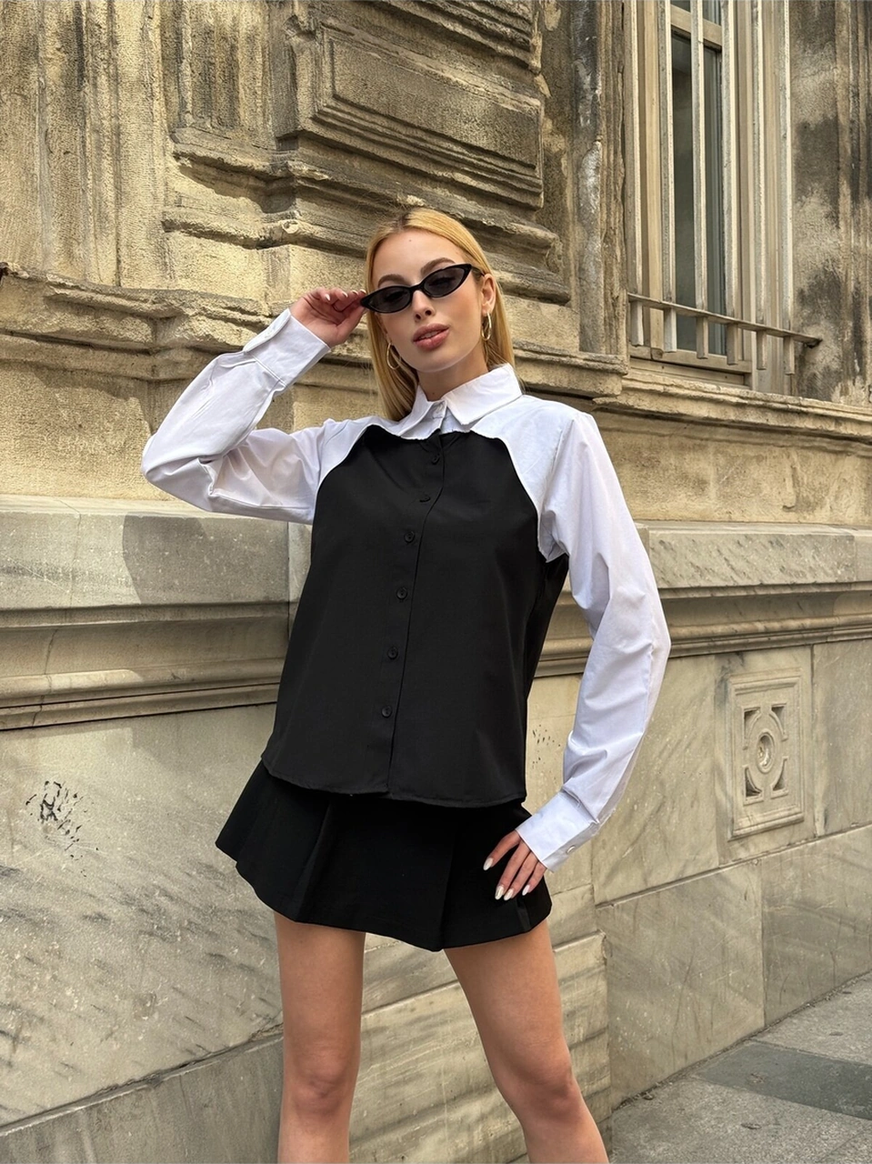 Mamayaga Kadın Tasarım Design İki Parça Şık Curve Tesettüre Uygun Büyük Beden %100 Cotton Uzun Kol Gömlek Siyah