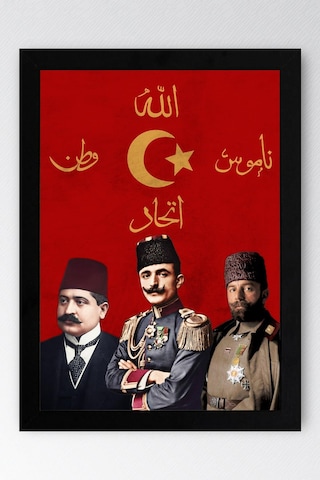 İttihat Terakki Paşaları Çerçeveli Tablo - Enver Cemal Talat Paşalar - İttihat Terakki Sancağı