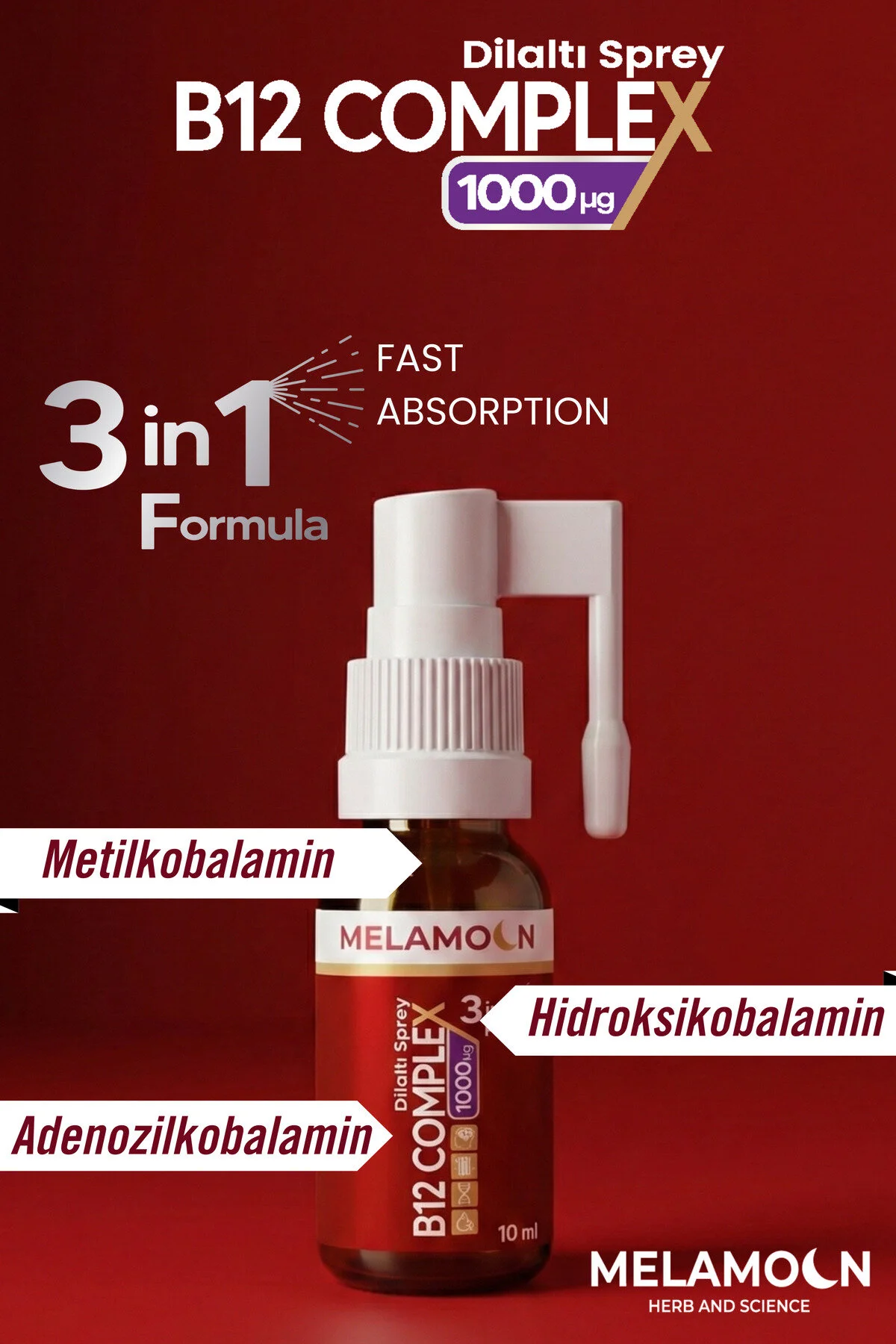 B12 Complex, Vitamin B12, Vitamin B6, Folik Asit İçeren Takviye Edici Dil Altı Sprey 2x10 Ml