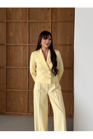 Lovelf Gold Düğmeli Kısa Ceketli Bol Paça Takım Limon