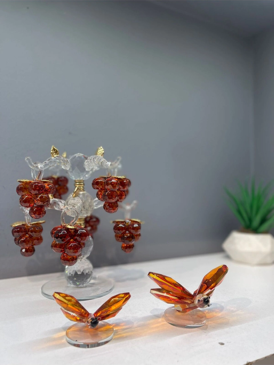 Dekoratif Kristal Cam Ikili Kelebek Biblo Turuncu .