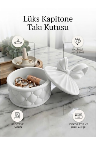 Lüks Kapitone Tasarımlı Takı Kutusu Ve Dekoratif Aksesuar Çanağı Beyaz