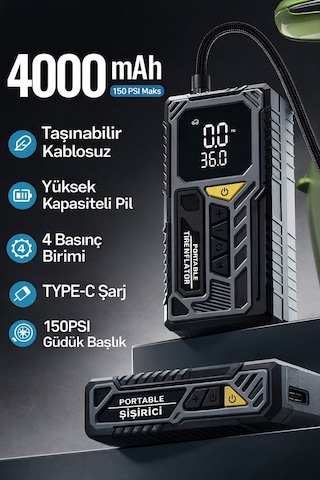 Şarjlı Araç Kompresörü 50w Dijital Basınç Ölçer & Led Işıklı Taşınabilir Hava Pompası