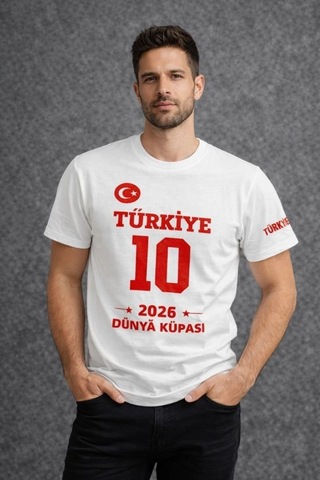 Erkek Türkiye Baskılı Tişört 2026 Dünya Kupası Taraftar Forma T-shirt - Beyaz