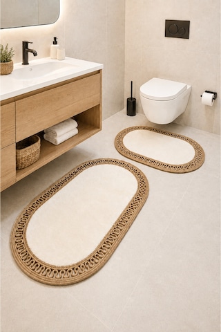 El Yapımı Bohem Banyo Paspası 2'li Peluş Kaymaz Jel Taban 40x60 Cm Ve 60x100 Cm Beyaz