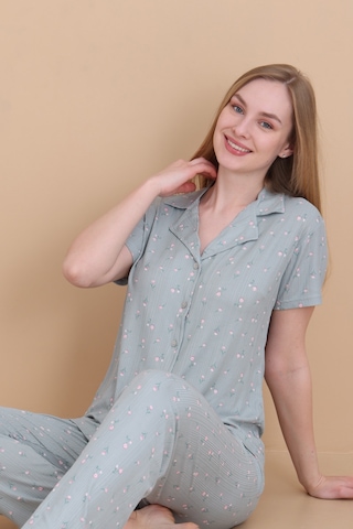 Wordex Mirano 9512 Güllü Pegasus Kumaş Düğmeli Kısa Kolu Kadın Pijama Takımı Yeşil