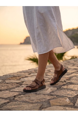 Fame Step Hakiki Deri Unisex Ortopedik Sandalet Yumuşak Taban Cırtlı Comfort Yazlık Günlük Terlik Taba