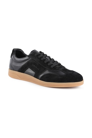 Erkek Sneaker Ayakkabı Hakiki Deri Süet Kombinli Bağcıklı Düz Kauçuk Taban Casual Retro Lbr H1033 Siyah