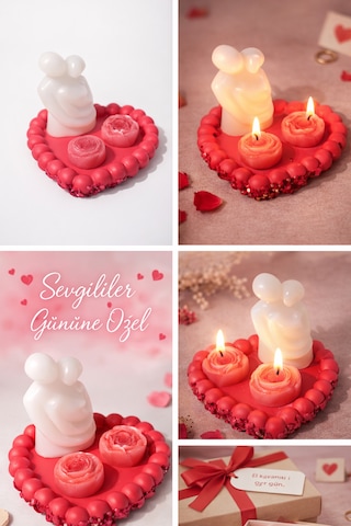 Sevgili Çift Biblo & Gül Mumlu Kalp Tepsi Vanilya Kokulu Romantik Dekor Seti Çok Renkli