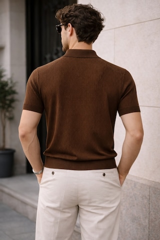 Erkek Fermuarlı Polo Yaka Triko Tişört Slim Fit Dokulu Yazlık Şık Casual Kahverengi