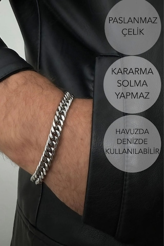 Küba Zincir Kalın Model Çelik Zincir Bileklik Karma Serisi Silver