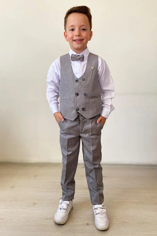 Erkek Çocuk Takım Elbise Papyonlu Yelekli Takım Elbise Gri