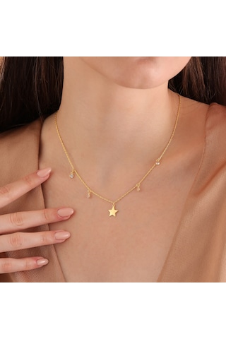 Queen Silver Jewelry 925 Ayar Gümüş Yıldız Objeli Sirkon Taş Sallantılı Kolye Altın