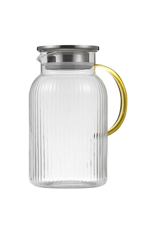 Qerhome Borosilikat Cam Çizgili Sürahi Gold Saplı Metal Kapaklı 1500 Ml