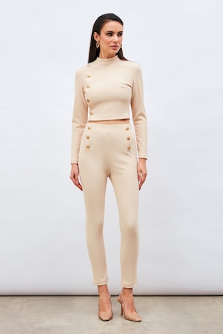 Sateen Düğme Detaylı Pantolon - Bej-132976 Bej