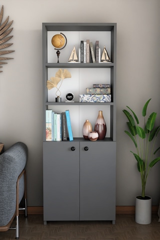 Kapaklı Çok Amaçlı Salon Dolabı 150x50x22 Cm Raflı Kitaplık Dekoratif Depolama Ünitesi Antrasit