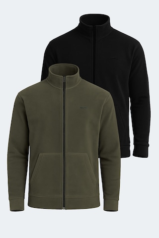 Slazenger Sansa 2 Li Set Erkek Fermuarlı Dik Yaka Cepli Siyah - Haki Polar Siyah - Haki