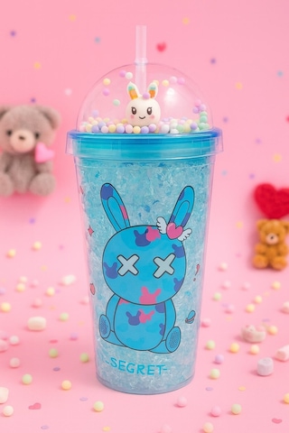 Sevimli Bunny Tavşan Figürlü Renkli Boncuklu Kristal Efektli Tasarım Pipetli Bardak Suluk Mavi 2087 Çok Renkli