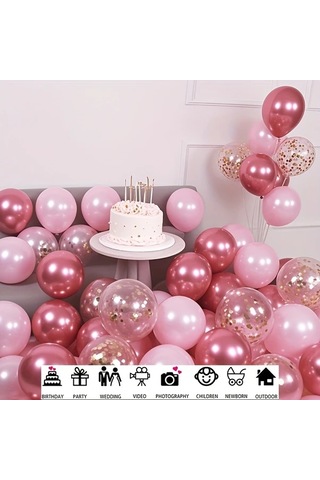 Willowhaven 52 Parça Sedef Pembesi Metalik Balon Seti Konfeti Doğum Günü Düğün Parti Dekor 52 Parlak Pembe İnci