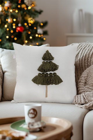 Charm Özel Püskül Dikiş Çam Ağacı Motifli Krem Kırlent 45x45 3525 Krem