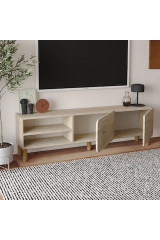 İnarch Dizayn River 150 Cm Modern Tv Sehpası Kapaklı Ve Raflı Tasarım Traverten