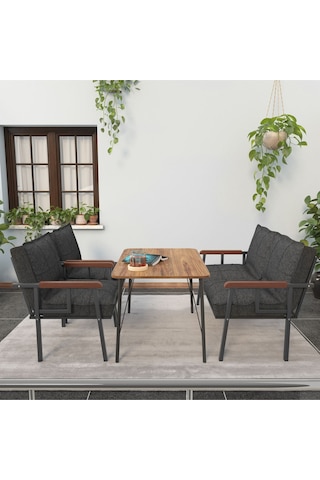 Mygusi Modern Balkon, Bahçe, Cafe - Metal Kanepe Koltuk Takımı - 2+1+1 Masa Antrasit