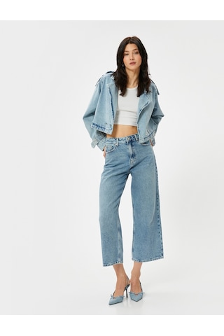 Koton Geniş Kısa Paça Kot Pantolon Standart Bel Pamuklu Cepli - Bianca Crop Jean Açık İndigo 4sal40009md Açık İndigo