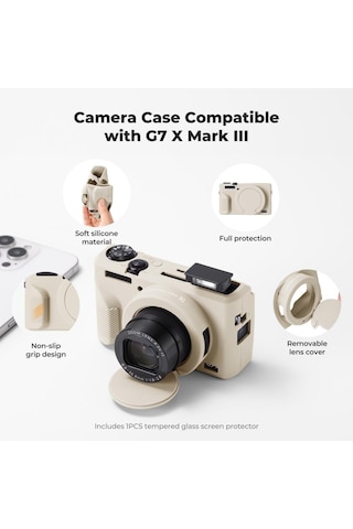 K&f Concept K&f Canon G7x Mark Iıı Uyumlu Silikon Kılıf + Ekran Koruyucu / Krem Beige+yellow