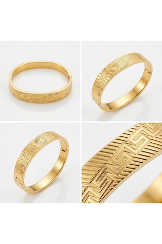 Kadın Altın Renk Geometrik Desenli Çelik Kelepçe Bileklik Modern Zarif Tasarım Gold