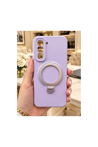 İnfinix Hot 60 Pro Plus İle Uyumlu 360 Derece Dönebilen Kalın Metal Magsafe Halka Stantlı İçi Kadife Korumalı Ultra Lüx Premium Silikon Kılıf Lila