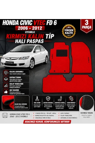 Honda Cıvıc Fd6 2006-2012 Model Uyumlu Kırmızı Kalın Tip Halı Paspas Takımı 3 Parça