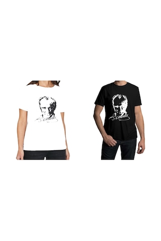 Atatürk Baskılı Beyaz - Siyah Tişört Atatürk Tişörtü Beyaz