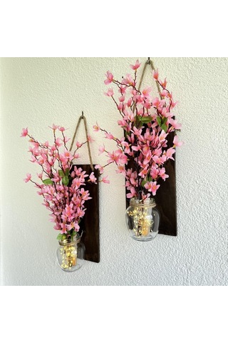 Led Işıklı, Pembe Sakura Çiçekli Duvar Dekoru Ceviz İkili Set
