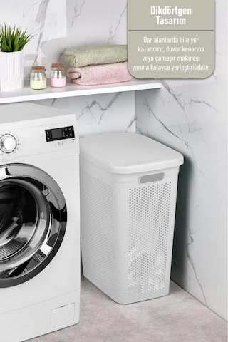 İronika Slim Kapaklı Dekoratif Kirli Çamaşır Sepeti 45 Litre - Beyaz Beyaz