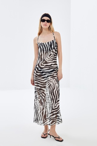 Zebra Desenli Sırt Dekolteli Şifon Elbise-zebra