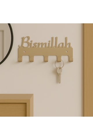 Lunoart Bismillah Yazılı Metal Anahtarlık Askılığı Siyah 6 Askılı Modern Duvar Dekoru Vizon