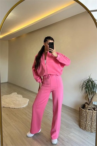 Neşeli Butik Kadın Fermuarlı Oversize Sweat Ve Yüksek Bel Eşofman Takımı Nm018 Pembe