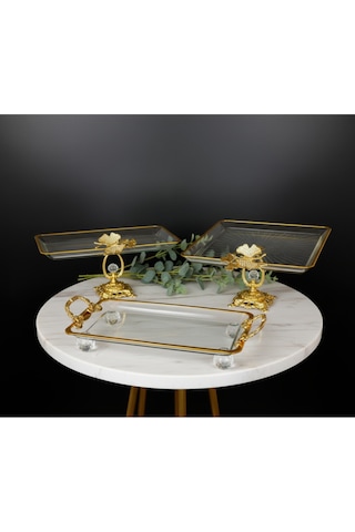 Çnr Home Collection 3 Parça Gold Yaldızlı Kristal Ayaklı Sunumluk Gold