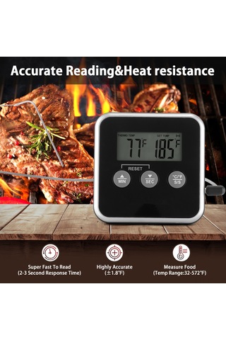 Hfambition Siyah Isı Sensörlü Dijital Bbq Termometresi - Isı Ve Zamanlayıcı Fonksiyonlu, Su Geçirmez, 0-300 C Aralığında, 3 Kurulum Seçeneği Çok Renkli