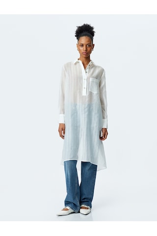 Koton Uzun Kollu Gömlek Yaka Yarı Transparan Oversize Uzun Tunik Kırık Beyaz 5sak60193uw Ekru